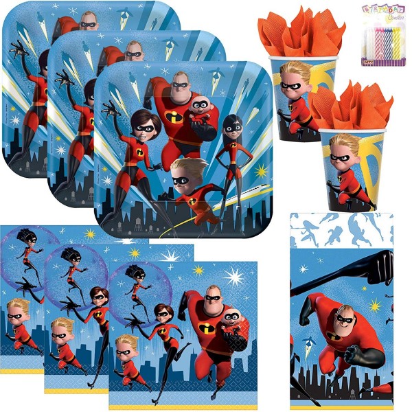 Dinner Plates and Cups Luncheon Napkins Table Cover The Incredibles 2 Party Supplies Pack for 16 Guests Straws 