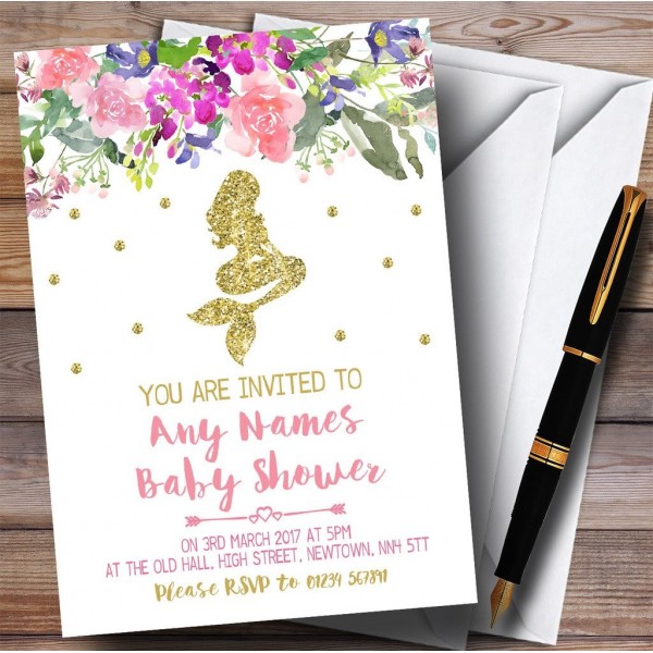 Floral Gold Mermaid Invitations Shower