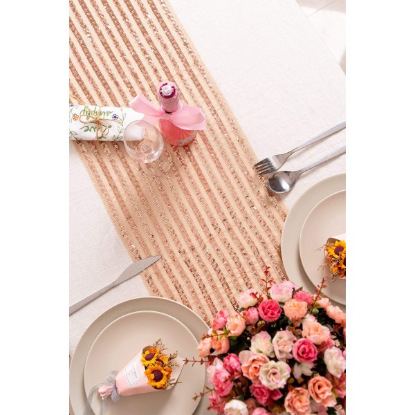 Chiffon Embroidery Stripe Sequin Table Runners ROSE GOLD 12 X 108 Inch ...