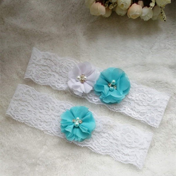 White and Aqua Blue Chiffon Flower Lace Garter Set - 2pcs for Weddings ...