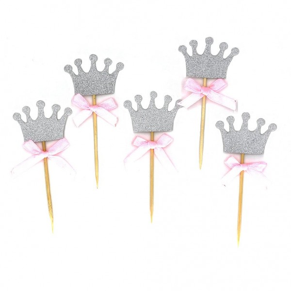 50 Pack Silver Glitter Crown Princess Cupcake Toppers with Bow for 1st ...