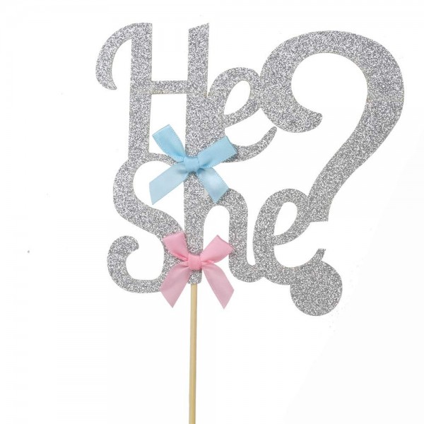 gender reveal he or she Boy or Girl glitter Cake Topper baby Shower decoration