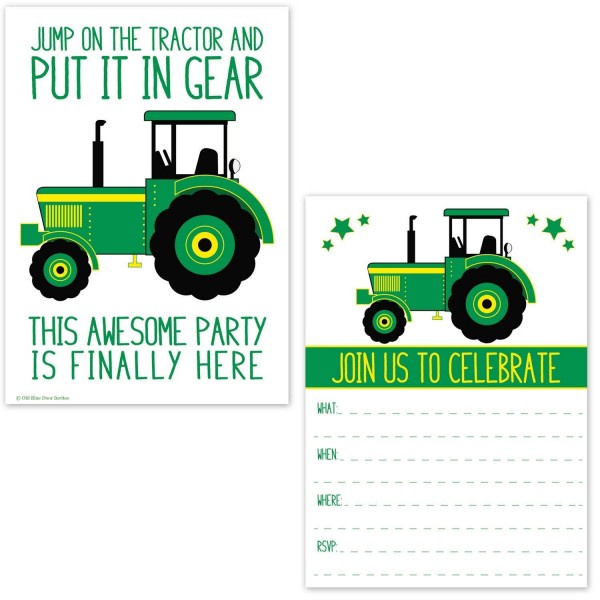 Green Tractor Birthday Party Invitations