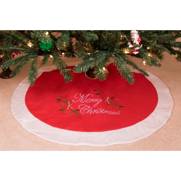 Red and White Christmas Tree Skirt Embroidered with Merry Christmas ...