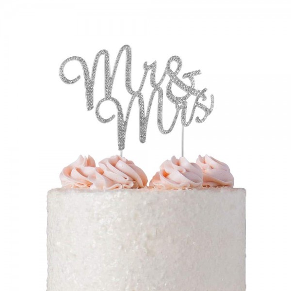 WEDDING CAKE TOPPER PICK DECORATION SILVER MRS & MRS RHINESTONE DIAMANTE 
