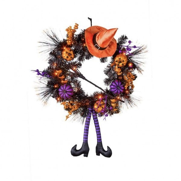 Lighted Witch Halloween Wreath Decoration