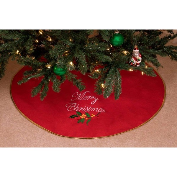 Merry Christmas Embroidered Tree Skirt Red and Gold - Festive Holiday ...