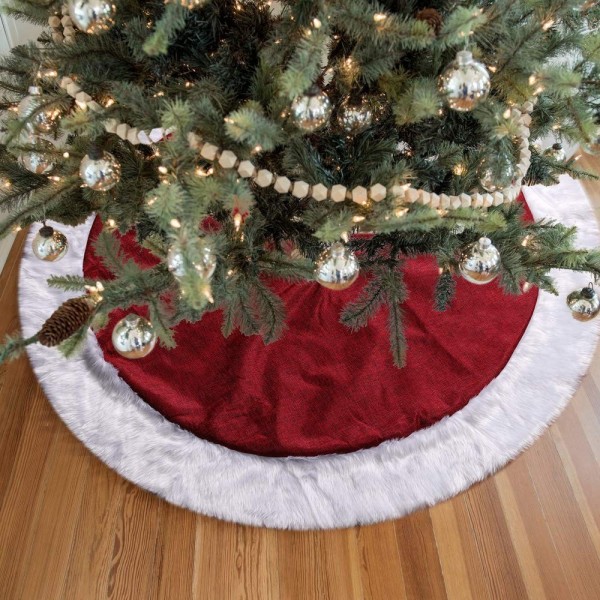 48 Inch Christmas Red Tree Skirt with White Faux Fur Xmas Holiday Large ...