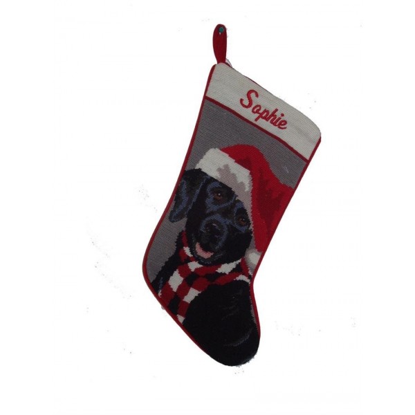 Needlepoint Christmas Dog Stocking Black Lab