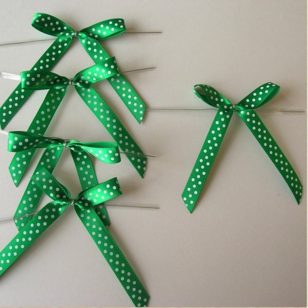 Polka Green Satin Pre tied Ribbon