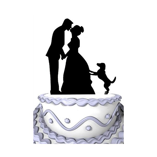 Bride And Groom Kissing With Dog Silhouette Wedding Cake Topper