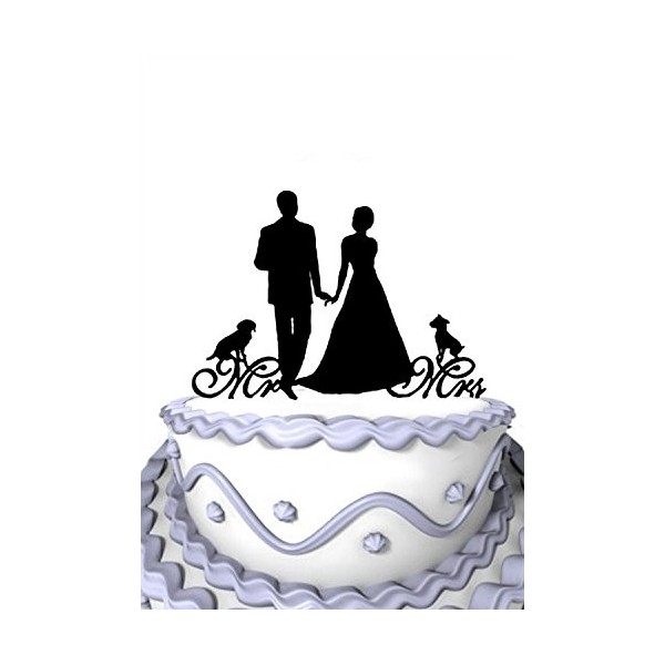 Cake Topper With Dog Pet Mr & Mrs Bride and Groom Silhouette Funny Wedding RD 